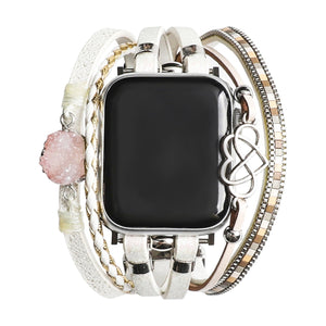 Bracelet Apple Watch simili vegan multi rangs femme, bracelet Apple Watch élégant avec pierre naturelle et breloque cœur-infini, modèle Felicidad
