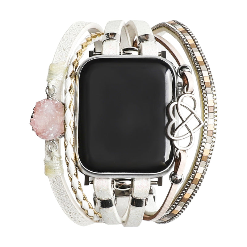 Bracelet Apple Watch simili vegan multi rangs femme, bracelet Apple Watch élégant avec pierre naturelle et breloque cœur-infini, modèle Felicidad
