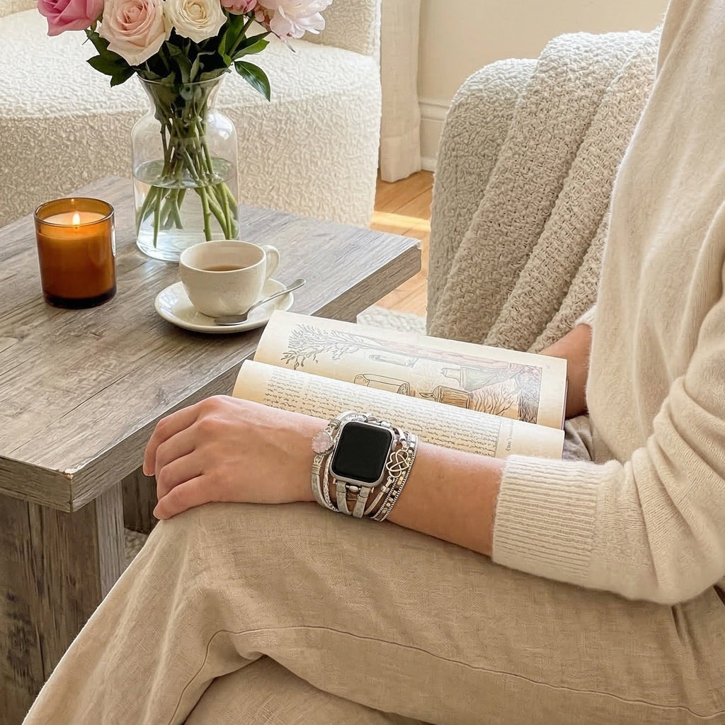 Bracelet Apple Watch simili vegan multi rangs femme, bracelet Apple Watch élégant avec pierre naturelle et breloque cœur-infini, modèle Felicidad