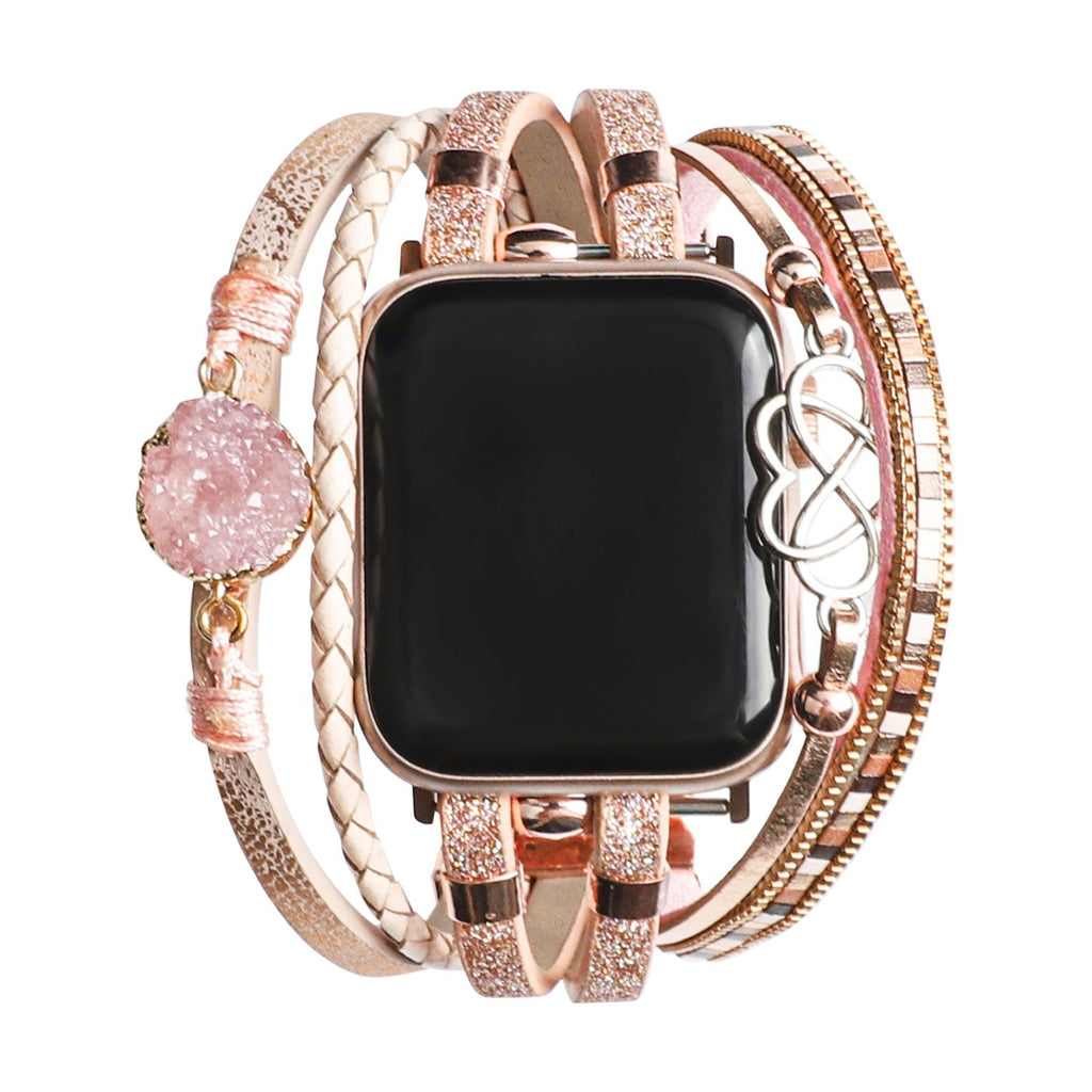 Bracelet Apple Watch simili vegan multi rangs femme, bracelet Apple Watch élégant avec pierre naturelle et breloque cœur-infini, modèle Felicidad