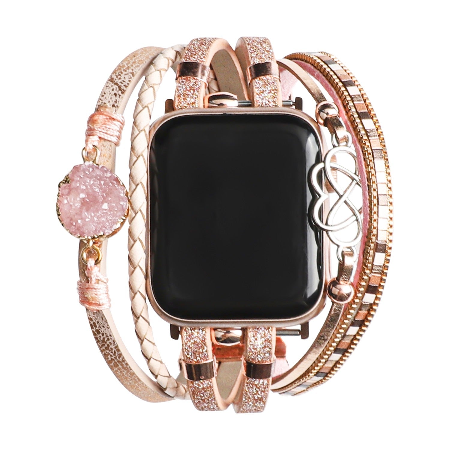 Bracelet Apple Watch simili vegan multi rangs femme, bracelet Apple Watch élégant avec pierre naturelle et breloque cœur-infini, modèle Felicidad