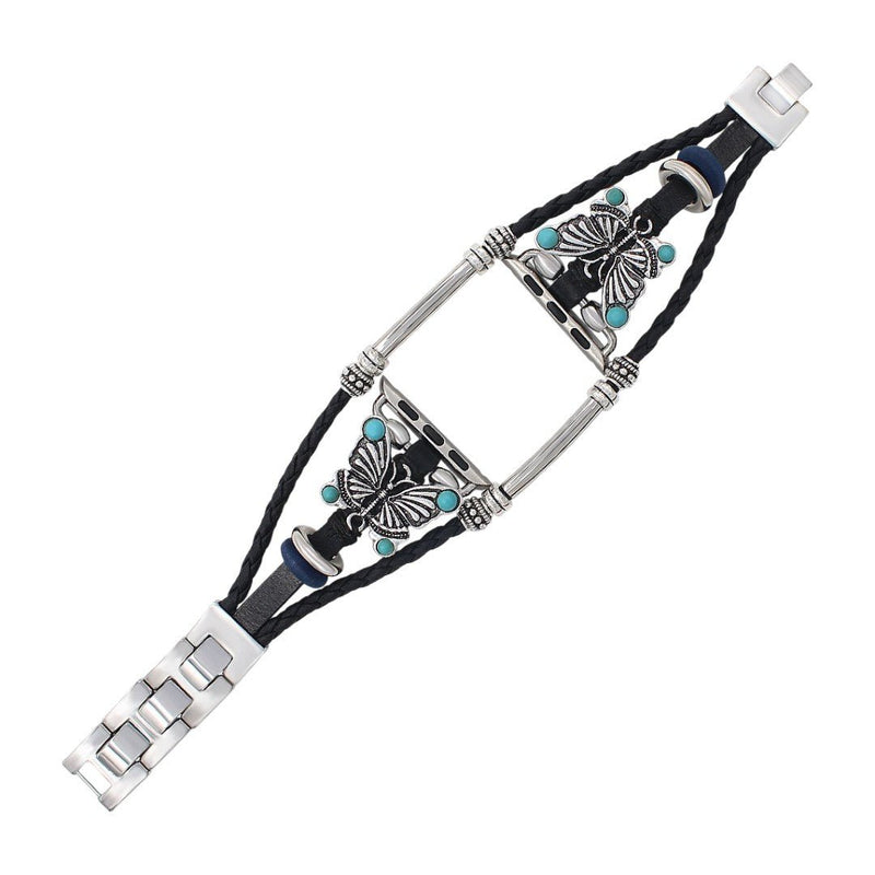 Bracelet Apple Watch noir en simili vegan tressé, papillons argentés et perles turquoise, style élégant et féminin.