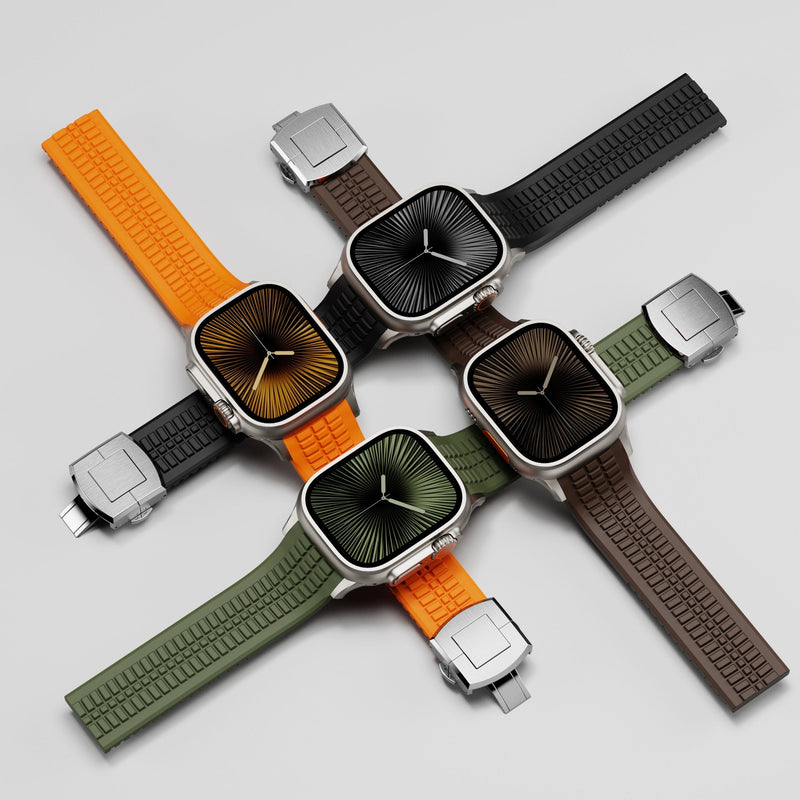 Quartet de bracelets Apple Watch sport en silicone texturé, couleurs noir, marron, vert kaki et orange, boucle ajustable.