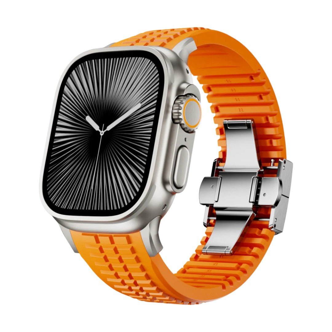 Bracelet Apple Watch sport en silicone orange texturé, boucle ajustable double en acier inoxydable.