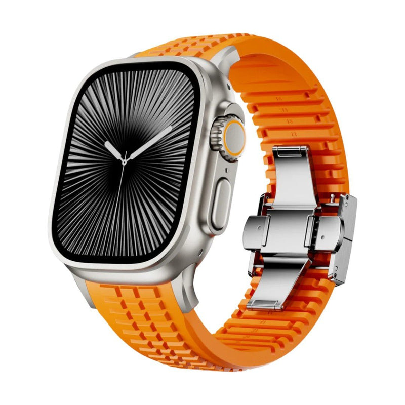 Bracelet Apple Watch sport en silicone orange texturé, boucle ajustable double en acier inoxydable.