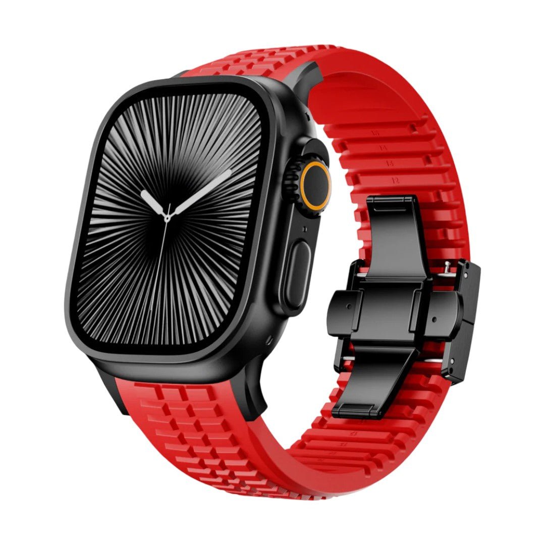 Bracelet sport rouge en silicone texturé avec boucle double ajustable pour Apple Watch.