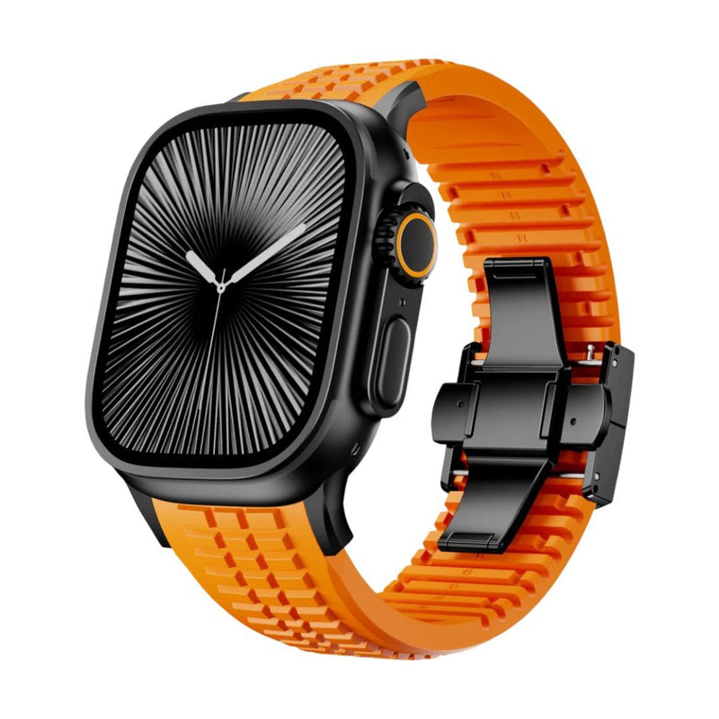 Bracelet Apple Watch sport orange en silicone texturé avec boucle ajustable double noire.