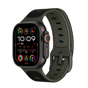 Bracelet Apple Watch vert olive mélange cuir et fluoroélastomère, boucle ajustable noire, design sportif et hybride.