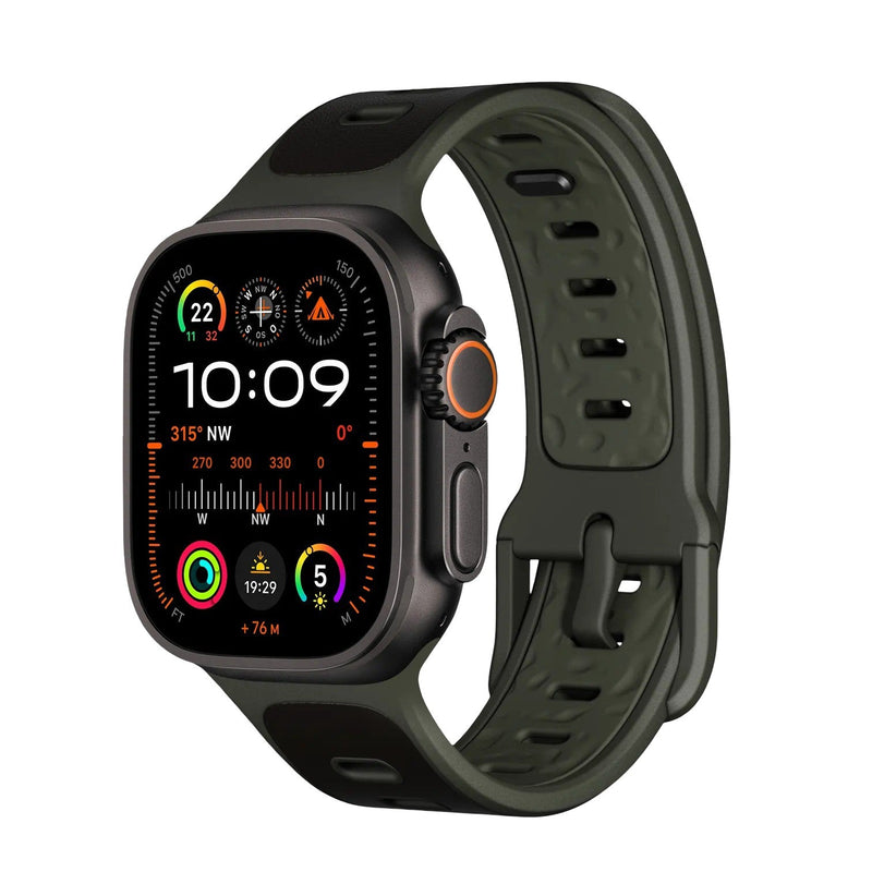 Bracelet Apple Watch vert olive mélange cuir et fluoroélastomère, boucle ajustable noire, design sportif et hybride.