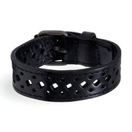 Bracelet en cuir noir ajouré avec boucle ardillon métallique, style rétro pour homme.
