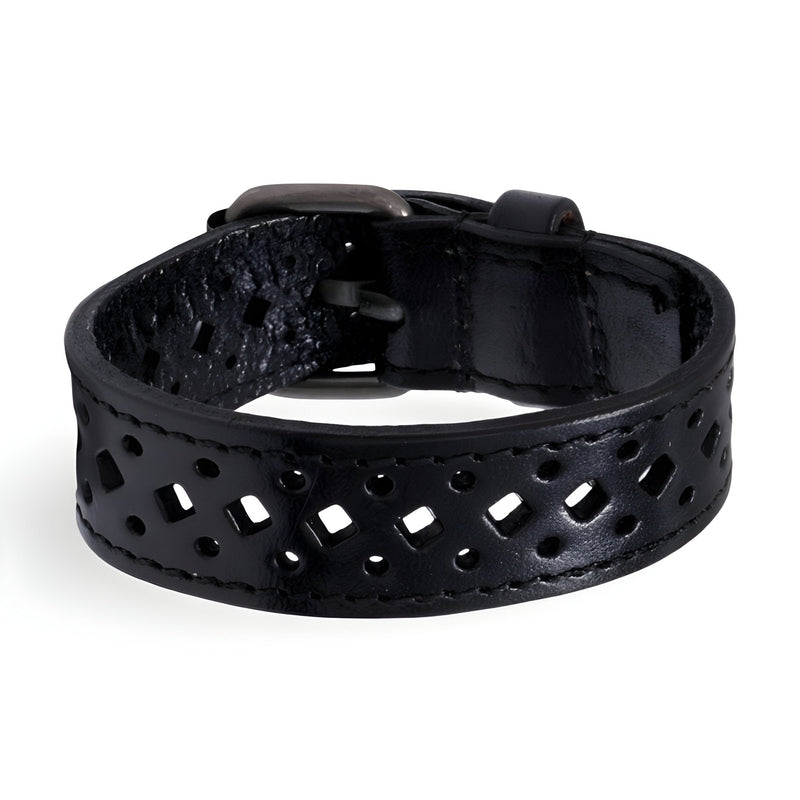 Bracelet en cuir noir ajouré avec boucle ardillon métallique, style rétro pour homme.