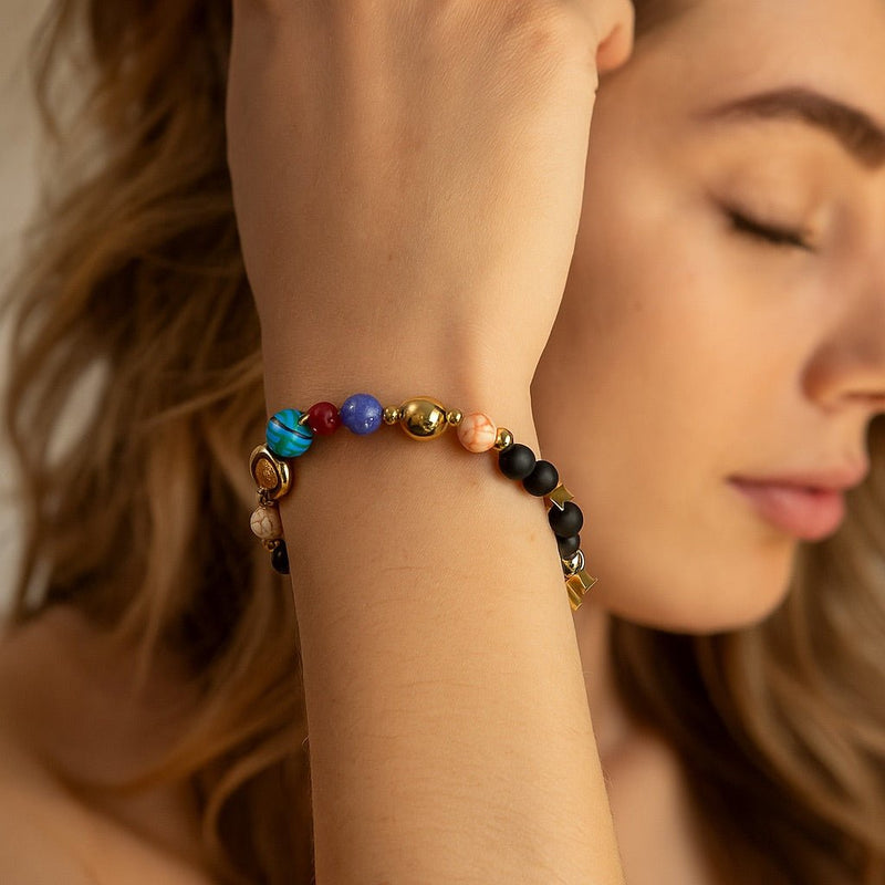Bracelet astro en pierres naturelles, signe du zodiaque, alignement des planètes, bijou spirituel, cadeau symbolique, modèle Sparta