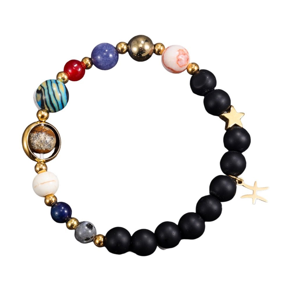 Bracelet élastique en perles naturelles multicolores avec figurines planètes dorées et symboles astrologiques étoiles,.