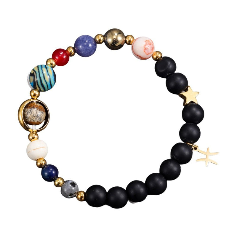 Bracelet élastique en perles naturelles multicolores avec figurines planètes dorées et symboles astrologiques étoiles,.