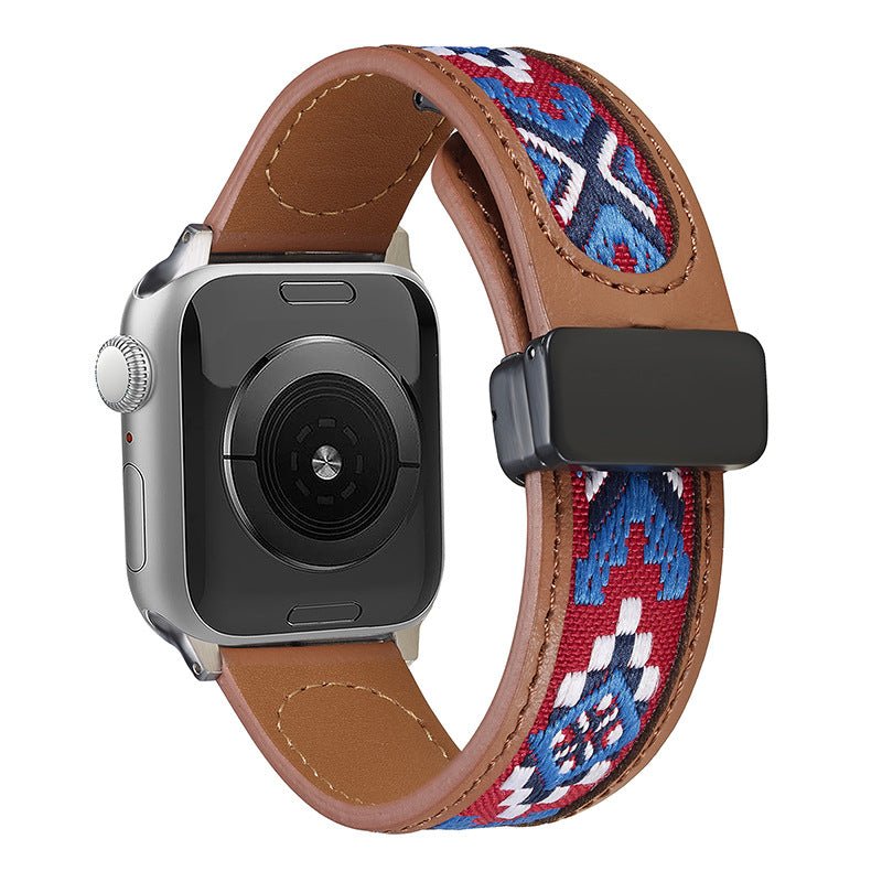 Bracelet en cuir marron avec broderie colorée bleu, rouge et blanc, pour Apple Watch, ajustable.