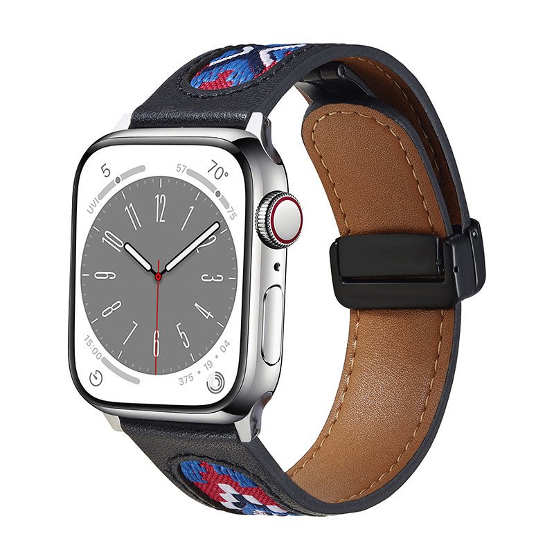 Bracelet en cuir noir brodé multicolore avec doublure marron pour Apple Watch ajustable.