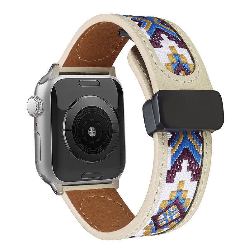Bracelet en cuir blanc brodé de motifs colorés, style bohème, ajustable pour Apple Watch.