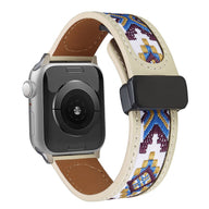 Bracelet en cuir blanc brodé de motifs colorés, style bohème, ajustable pour Apple Watch.