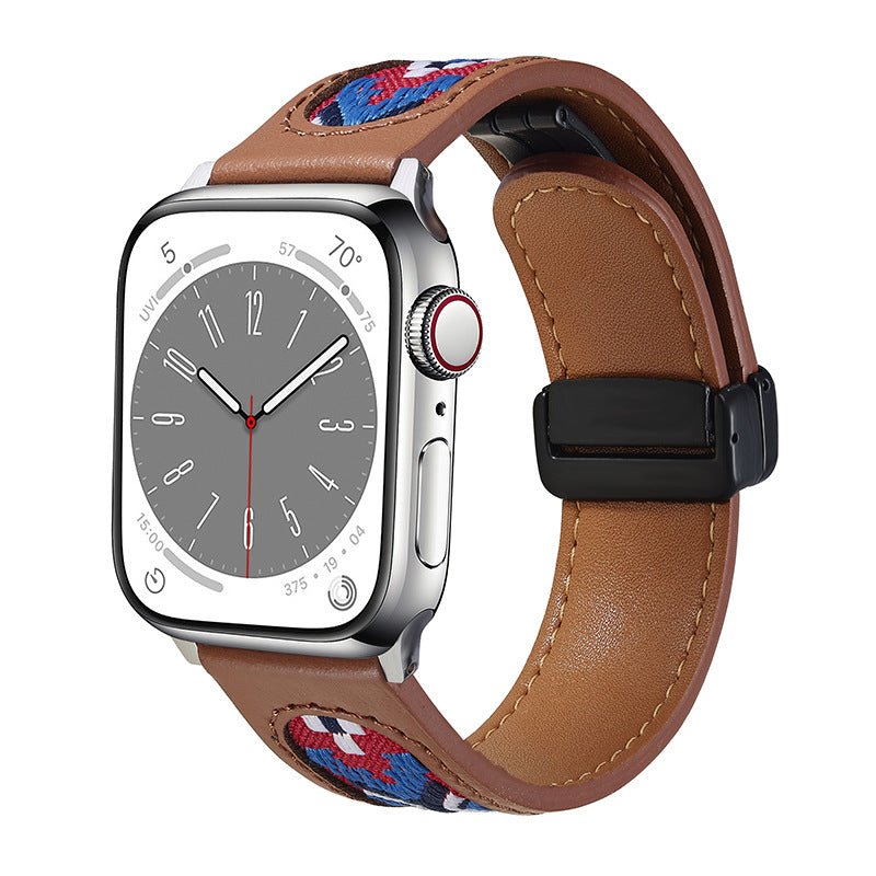 Bracelet en cuir marron brodé coloré avec boucle noire pour Apple Watch.