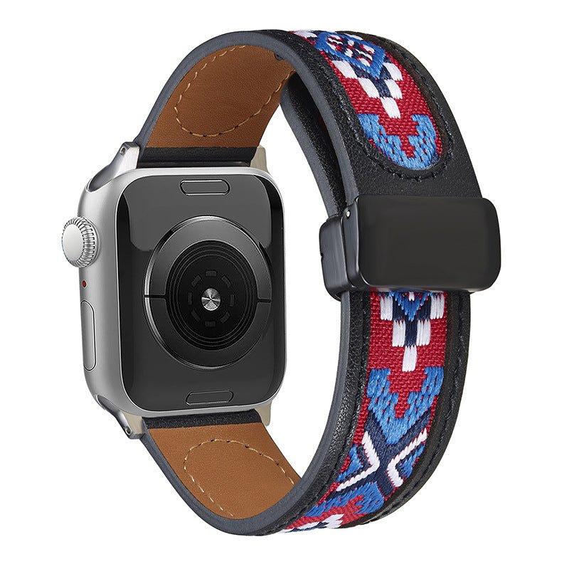 Bracelet en cuir noir avec broderie colorée rouge, bleue et blanche pour Apple Watch.