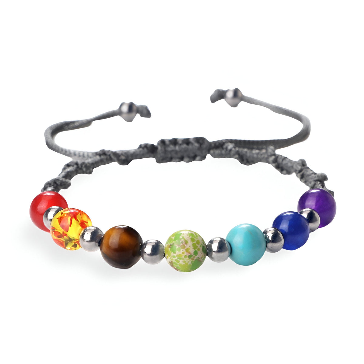 Bracelet aux 7 chakras avec perles de pierres naturelles colorées sur corde noire réglable.