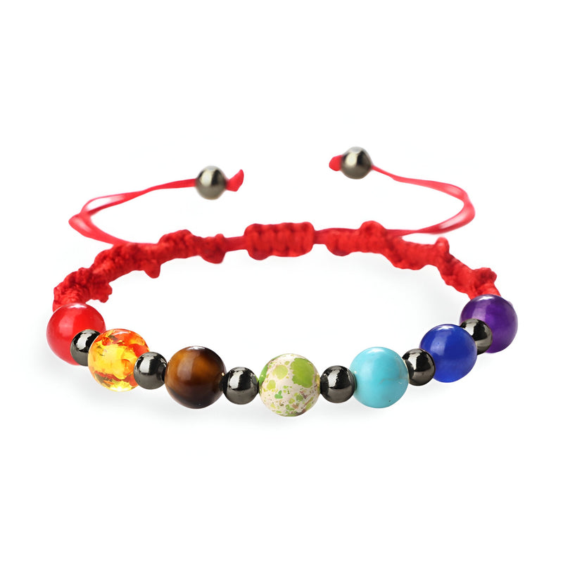 Bracelet aux 7 chakras en corde rouge avec perles de pierres naturelles multicolores ajustable.