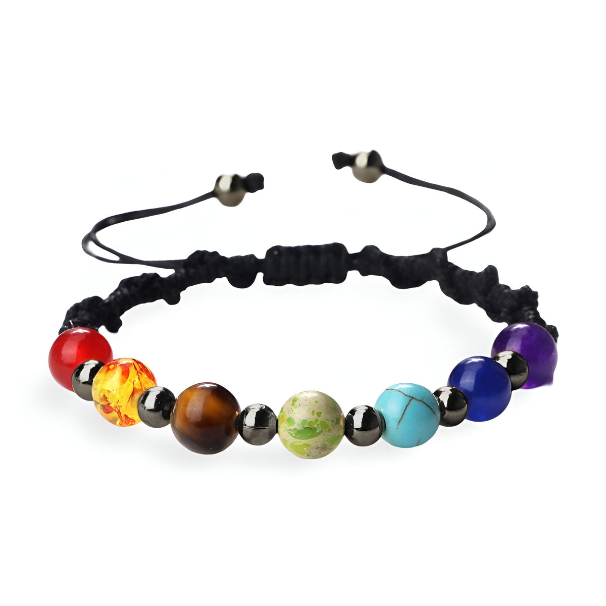 Bracelet aux 7 chakras avec pierres naturelles multicolores sur corde noire ajustable.