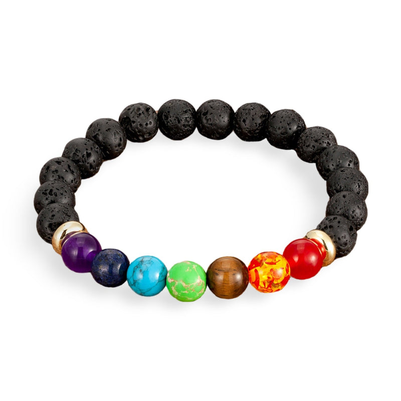 Bracelet aux 7 chakras avec perles multicolores en pierres naturelles et perles noires en pierre volcanique.