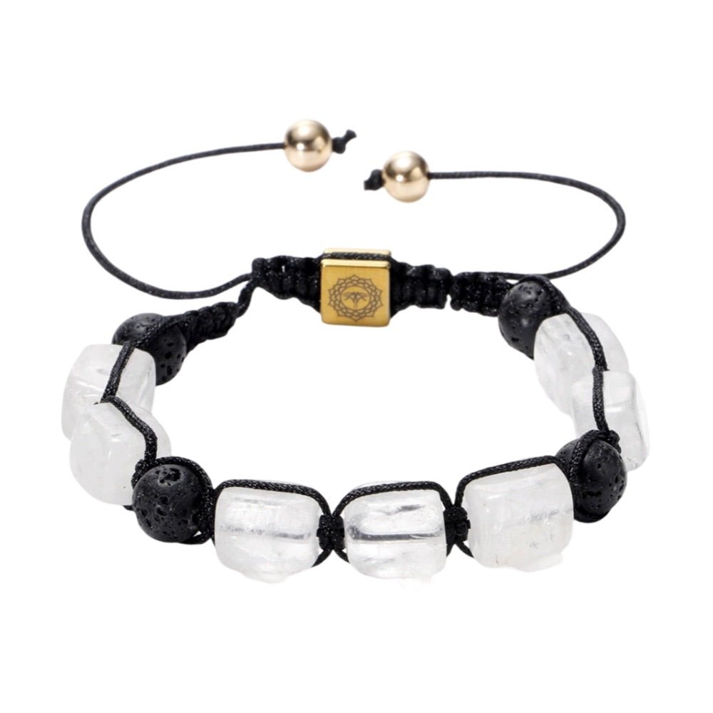 Bracelet Solva en corde noire avec pierres naturelles blanches et noires, fermoir doré ajustable.