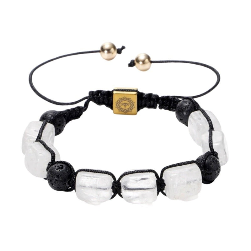 Bracelet Solva en corde noire avec pierres naturelles blanches et noires, fermoir doré ajustable.