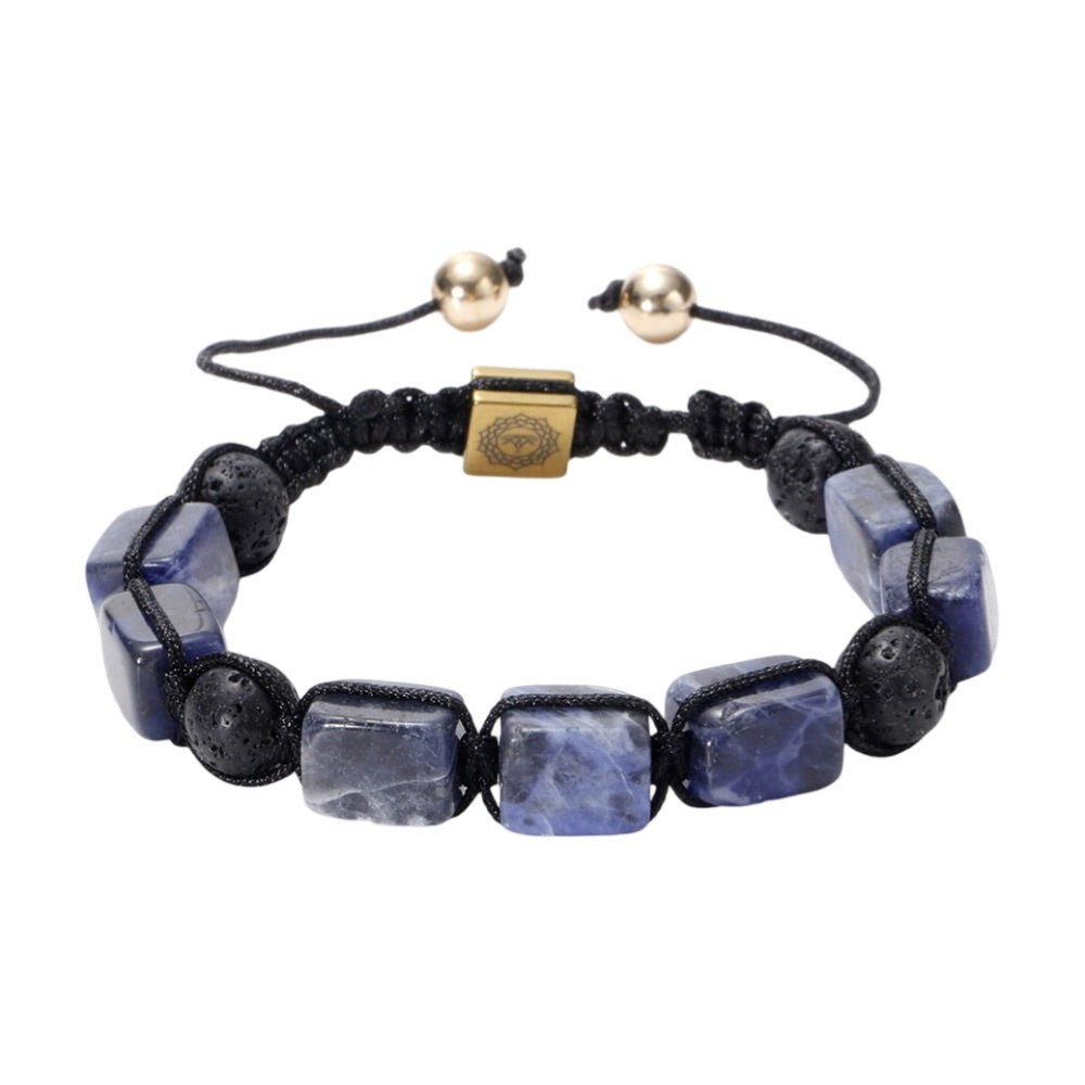 Bracelet en corde noire avec pierres naturelles sodalite bleue carrées et perles de lave noires.