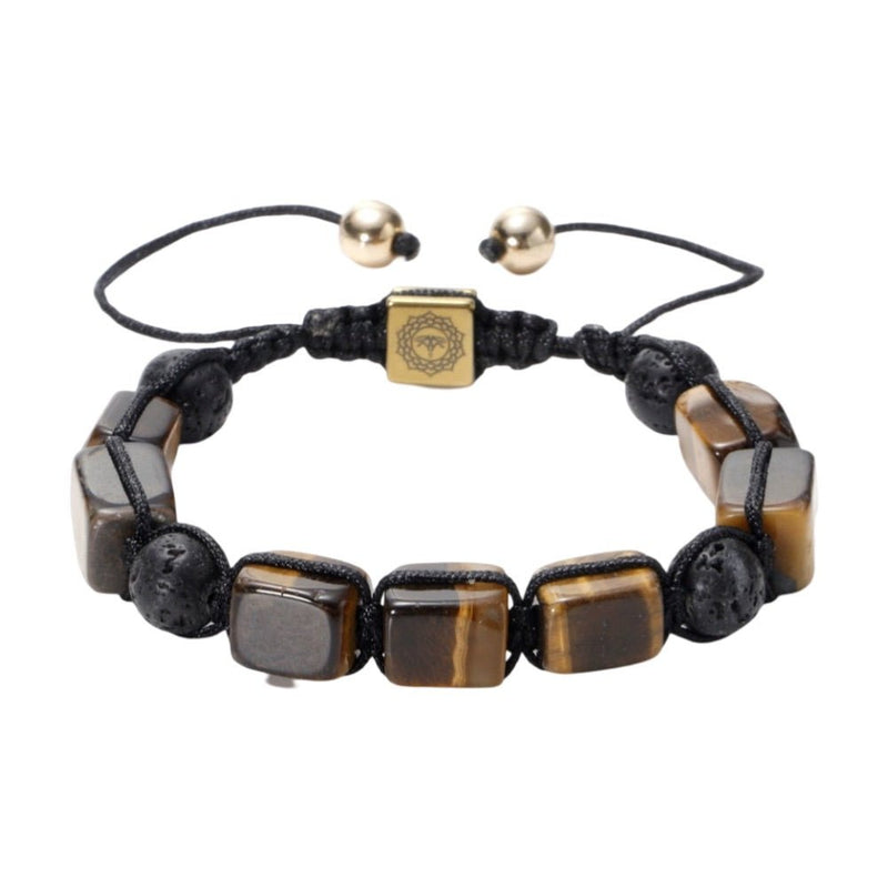 Bracelet Solva en corde noire avec pierres naturelles œil de tigre et perles volcaniques noires, fermoir coulissant doré.