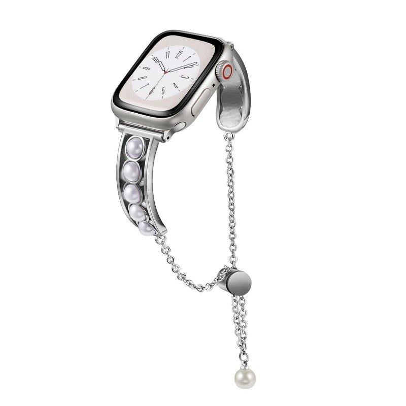 Bracelet argent ajustable à perles apparentes pour Apple Watch avec chaîne et fermoir coulissant.