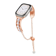 Bracelet ajouré or rosé avec perles blanches apparentes et chaîne ajustable pour Apple Watch.