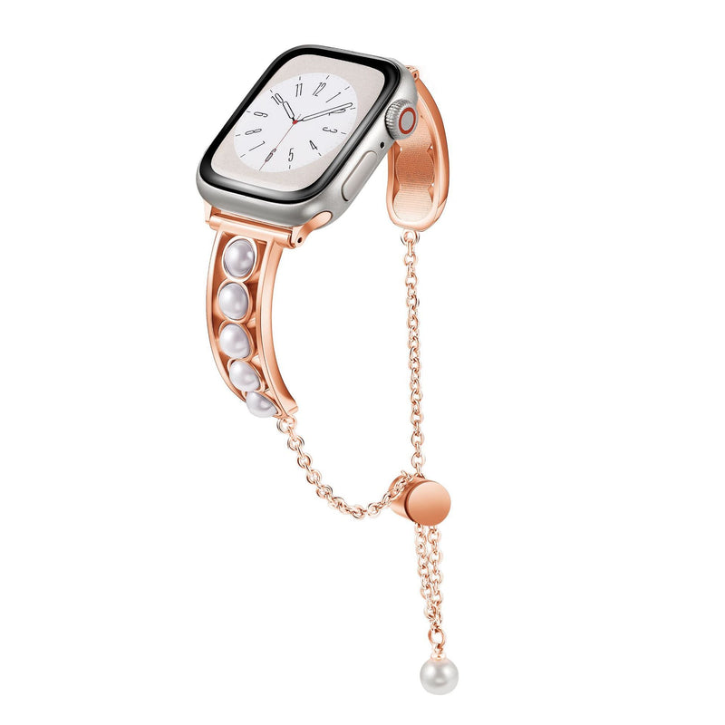 Bracelet ajouré or rosé avec perles blanches apparentes et chaîne ajustable pour Apple Watch.