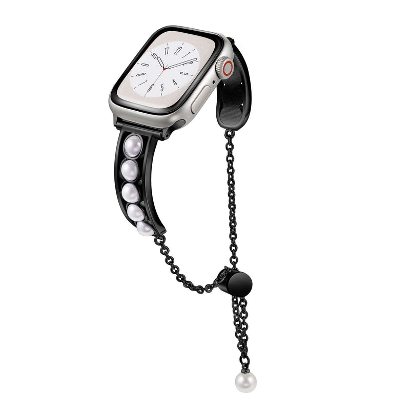 Bracelet ajustable noir avec perles blanches apparentes pour Apple Watch, modèle Jiria.