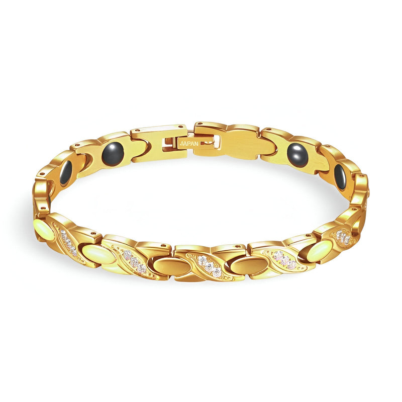 Bracelet femme en titane or avec hématites rondes noires et détails incurvés élégants.