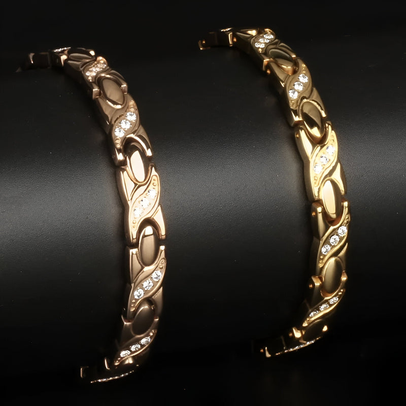 Bracelet en titane or rosé avec motifs gravés et hématites intégrées pour femme, modèle Riala.