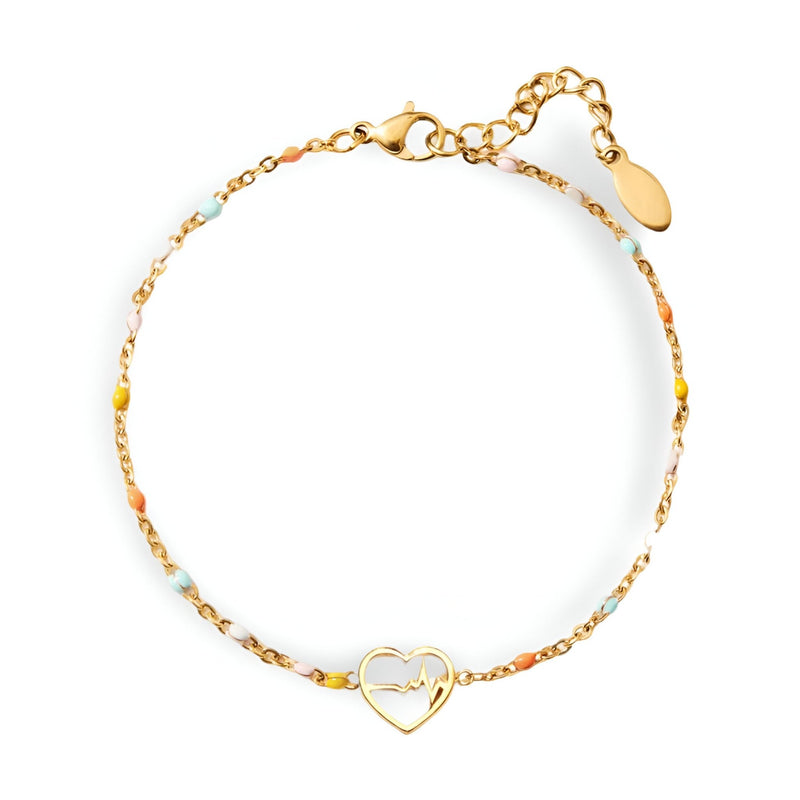 Bracelet fin en argent sterling avec chaîne décorée de petites perles colorées et pendentif cœur battement de cœur.