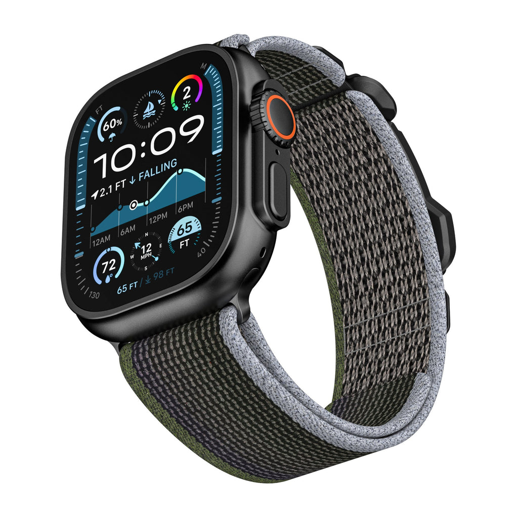 Bracelet boucle tactique Fidlock gris et bleu en nylon pour Apple Watch, ajustable, modèle Herix.