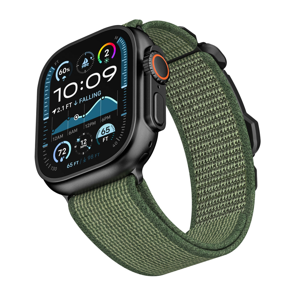 Bracelet boucle tactique Fidlock vert kaki en nylon résistant, ajustable pour Apple Watch.