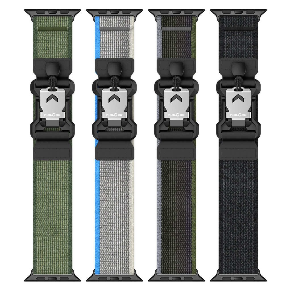 Bracelets boucle tactique Fidlock en nylon ajustables pour Apple Watch, modèles kaki, gris, vert foncé et noir, fermoir.