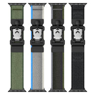 Bracelets boucle tactique Fidlock en nylon ajustables pour Apple Watch, modèles kaki, gris, vert foncé et noir, fermoir.