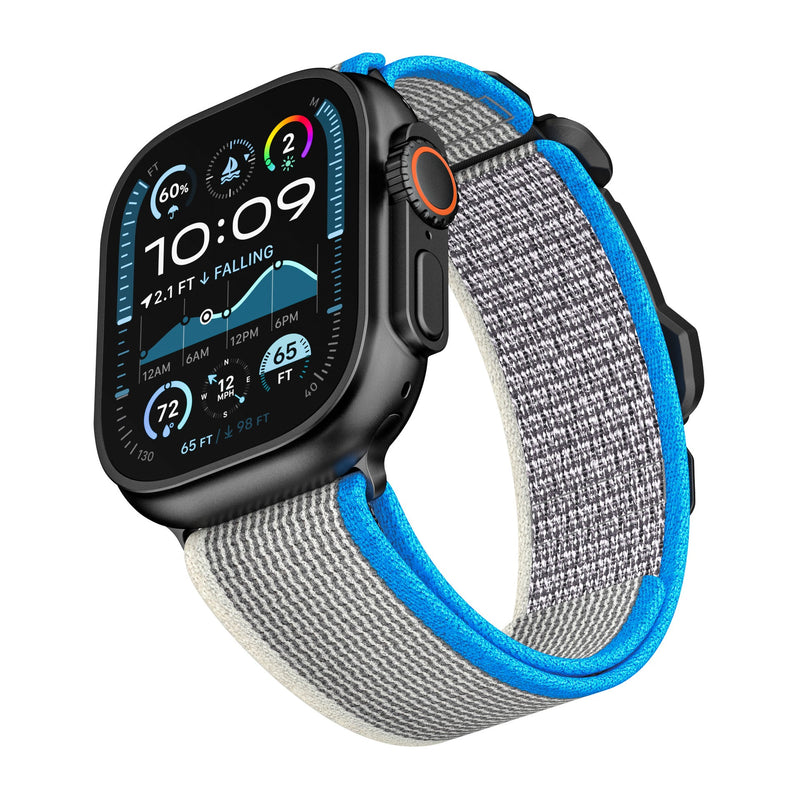 Bracelet boucle tactique Fidlock Herix gris clair avec bordure bleue pour Apple Watch.