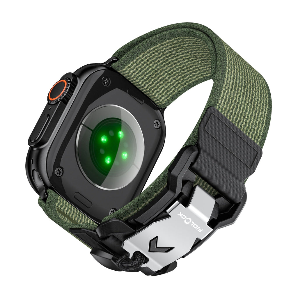 Bracelet boucle tactique Fidlock kaki en nylon ajustable pour Apple Watch, modèle Herix, fermeture rapide.