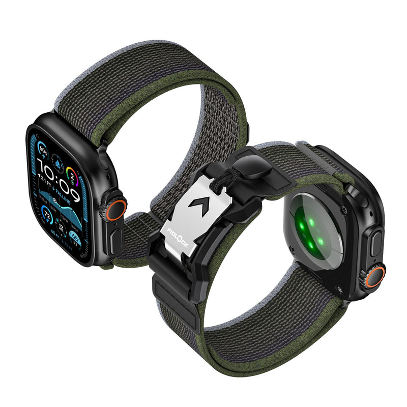 Bracelet tactique en nylon kaki avec boucle Fidlock noire à verrouillage rapide pour Apple Watch.