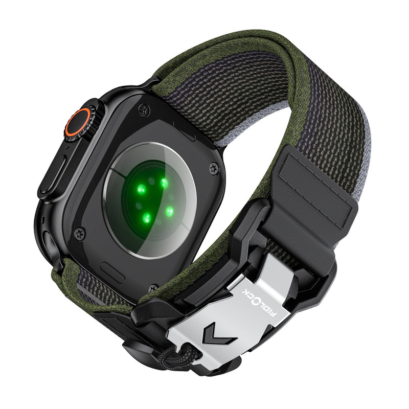 Bracelet Apple Watch en nylon kaki avec boucle tactique Fidlock à verrouillage rapide, ajustable.
