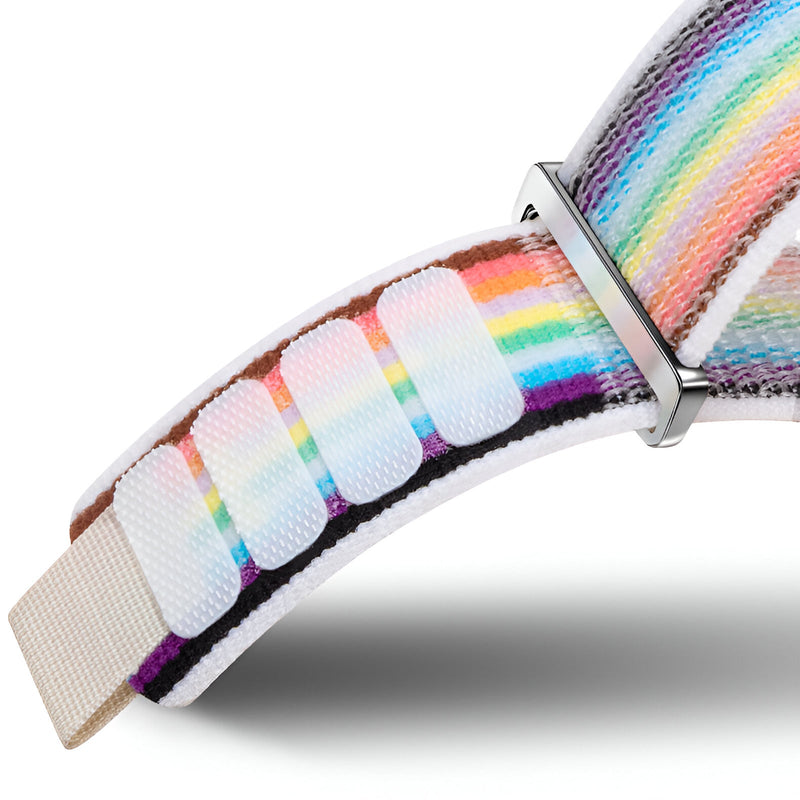 Bracelet Apple Watch Trail Edition en nylon multicolore avec fermeture velcro blanche, modèle Elios.