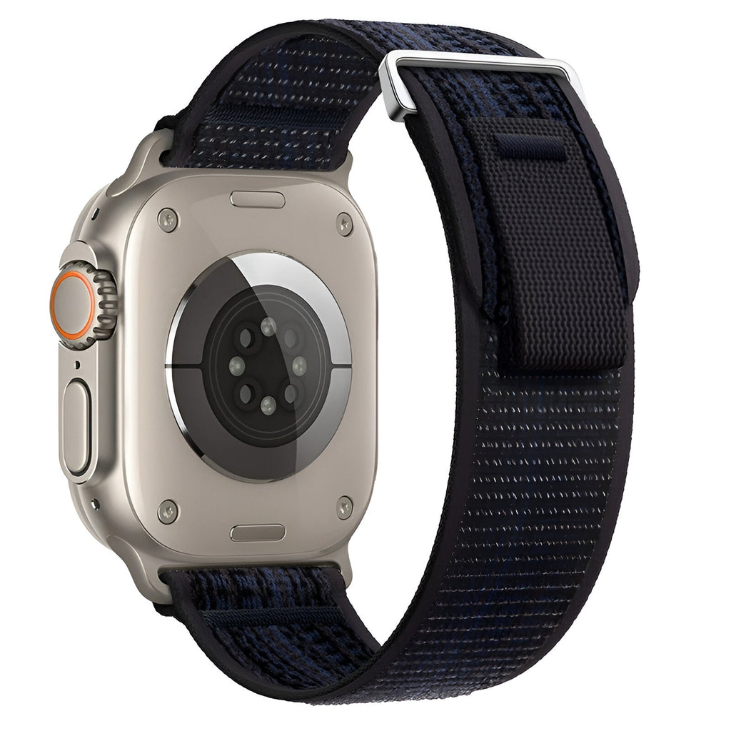 Bracelet nylon noir et bleu foncé avec fermeture velcro pour Apple Watch, modèle Elios.