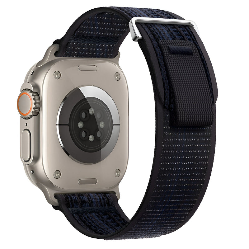 Bracelet nylon noir et bleu foncé avec fermeture velcro pour Apple Watch, modèle Elios.